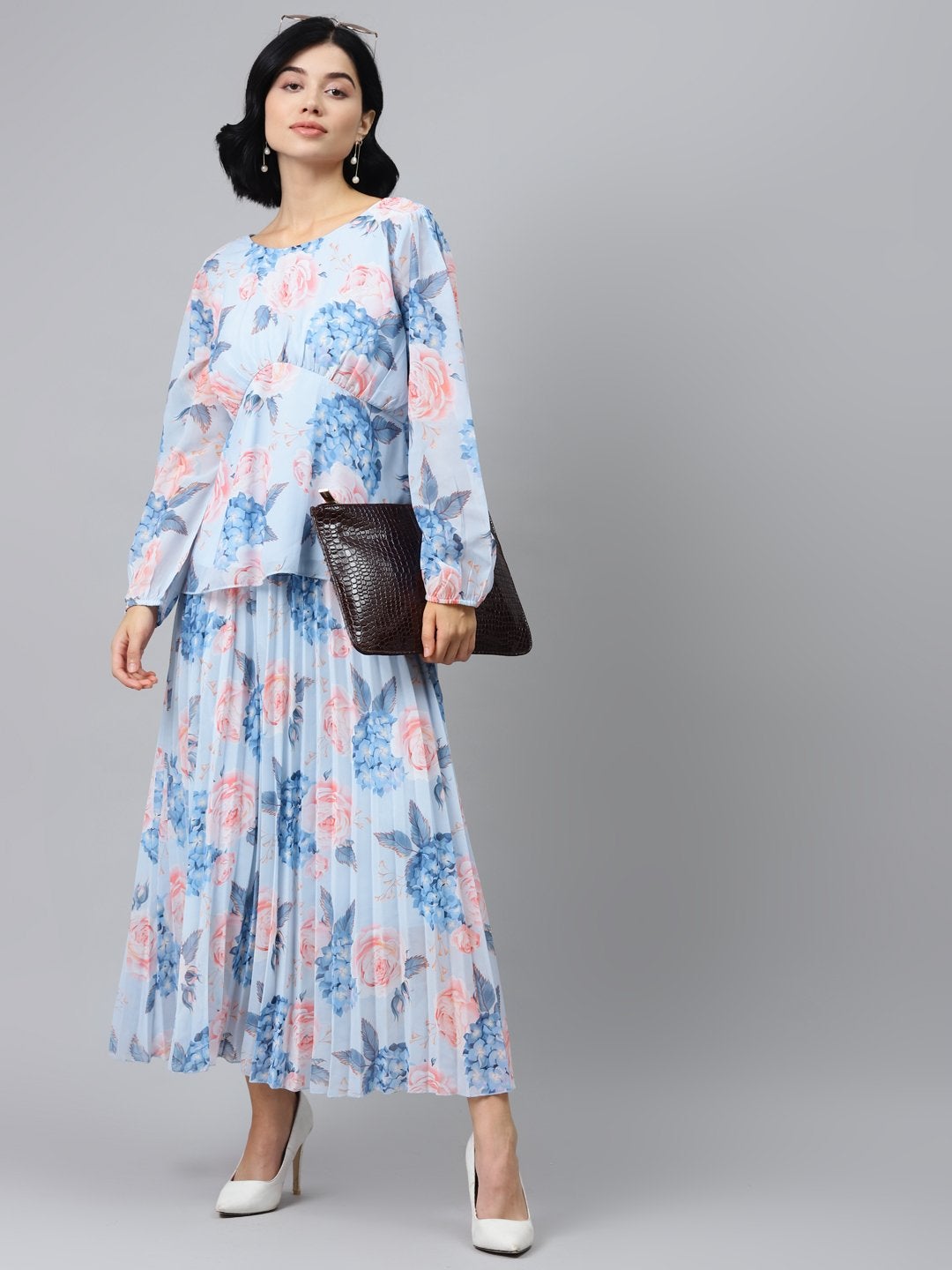 Women's Light Blue Floral Pleated Maxi Skirt