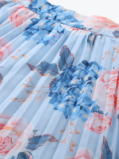 Women's Light Blue Floral Pleated Maxi Skirt