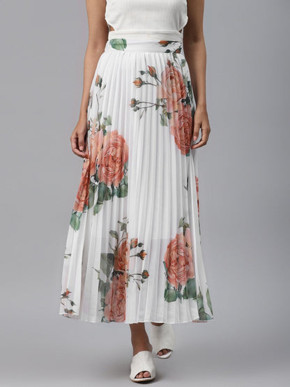 Women's White Floral Pleated Maxi Skirt