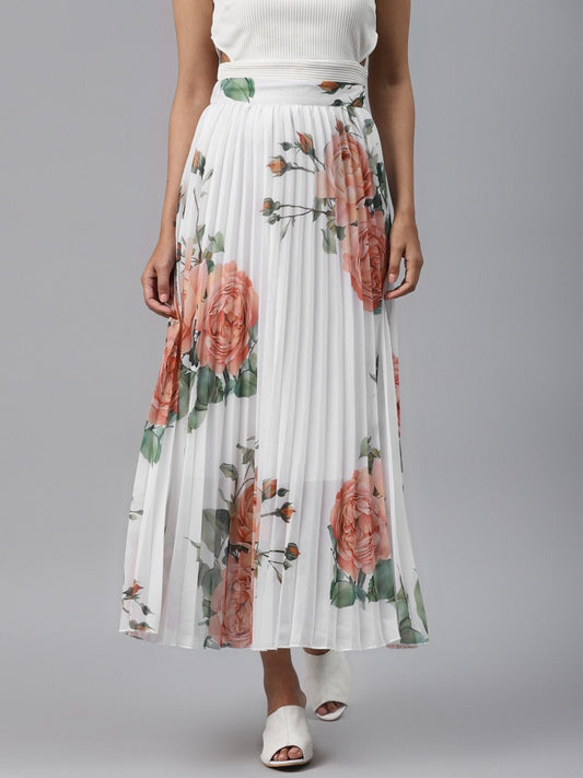 Women's White Floral Pleated Maxi Skirt