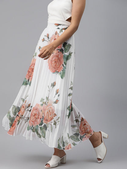 Women's White Floral Pleated Maxi Skirt