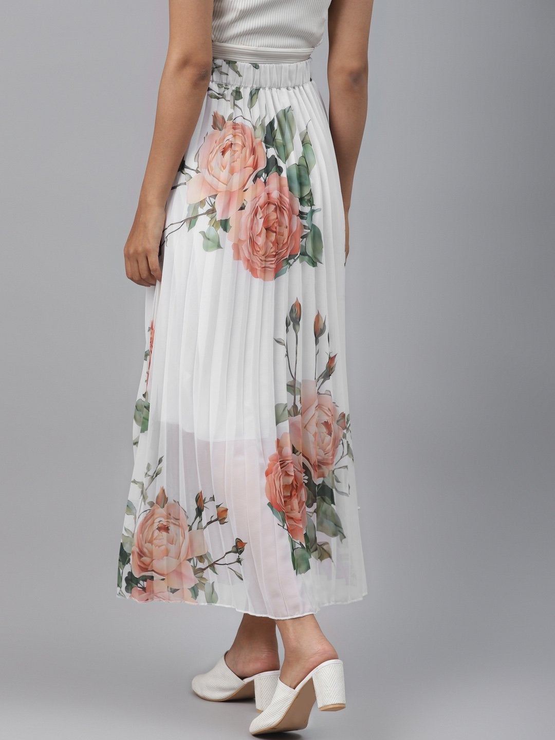 Women's White Floral Pleated Maxi Skirt