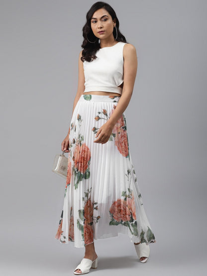 Women's White Floral Pleated Maxi Skirt
