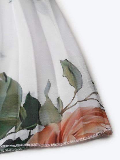 Women's White Floral Pleated Maxi Skirt