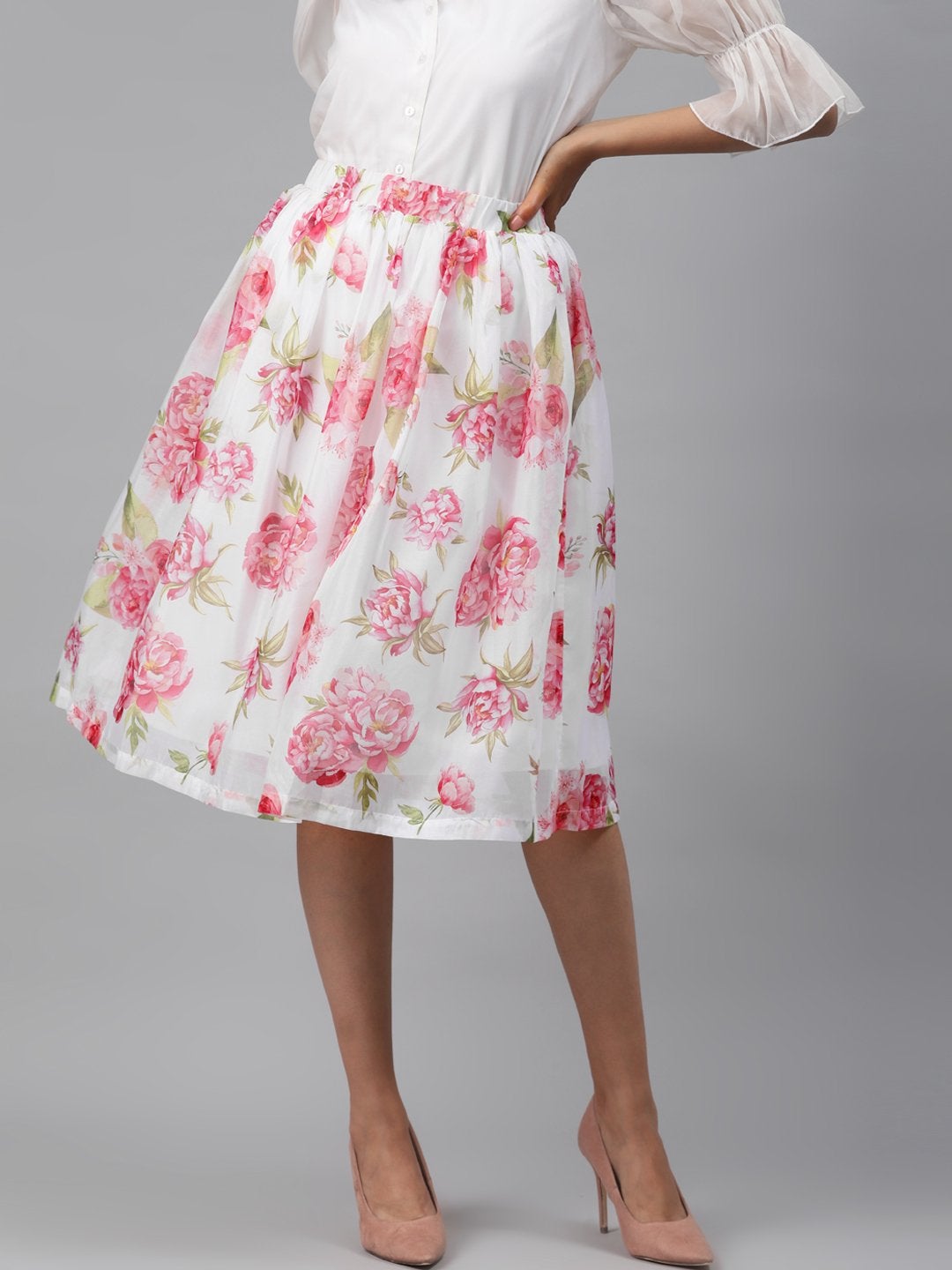 Women's White Floral Gathered Skirt