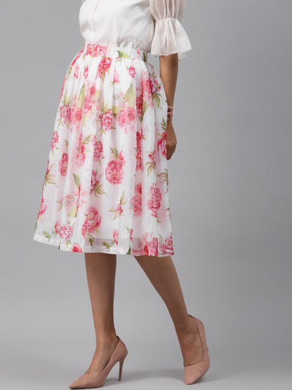 Women's White Floral Gathered Skirt
