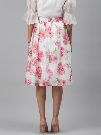Women's White Floral Gathered Skirt