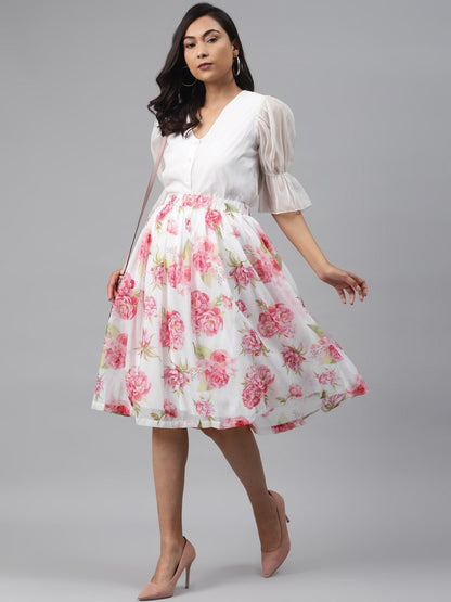 Women's White Floral Gathered Skirt