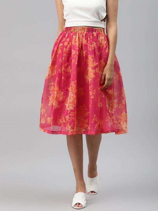Women's Fuchsia Floral Gathered Skirt
