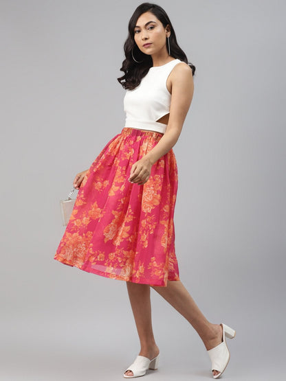 Women's Fuchsia Floral Gathered Skirt