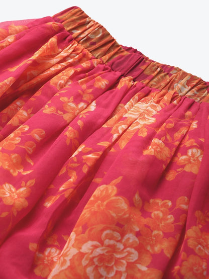 Women's Fuchsia Floral Gathered Skirt