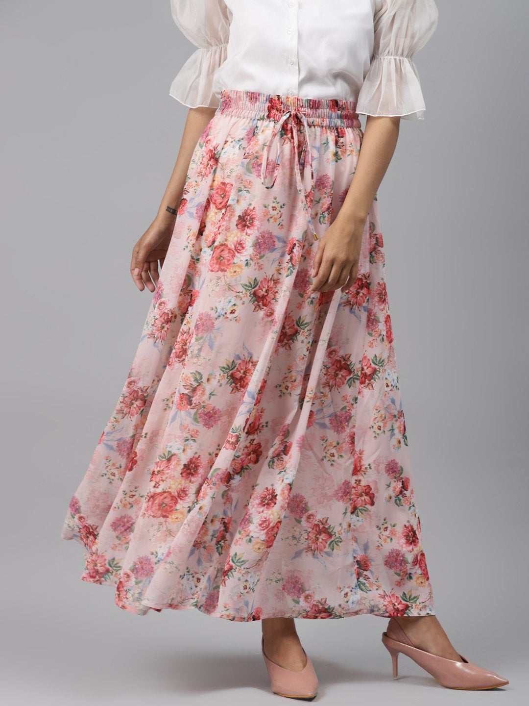 Women's Peach Floral Flared Maxi Skirt