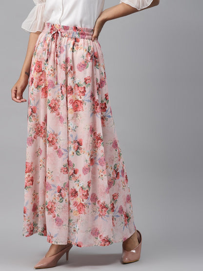 Women's Peach Floral Flared Maxi Skirt