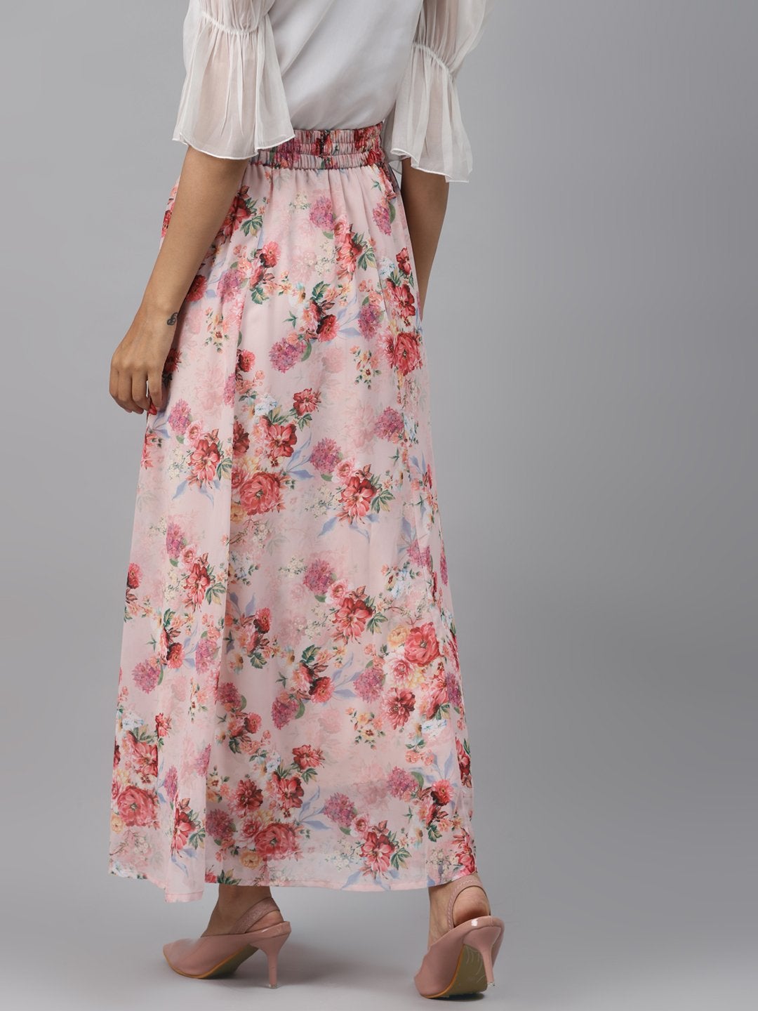 Women's Peach Floral Flared Maxi Skirt