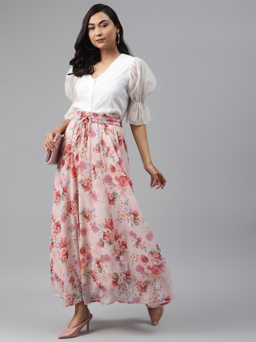 Women's Peach Floral Flared Maxi Skirt