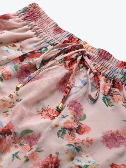 Women's Peach Floral Flared Maxi Skirt