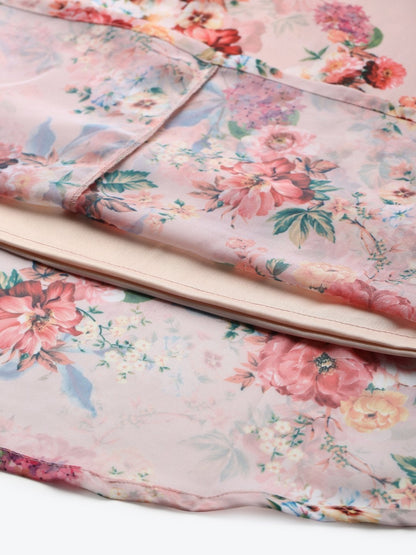 Women's Peach Floral Flared Maxi Skirt