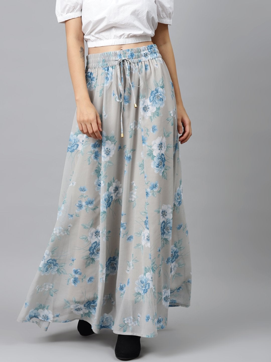 Women's Olive Floral Flared Maxi Skirt