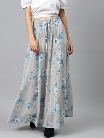 Women's Olive Floral Flared Maxi Skirt