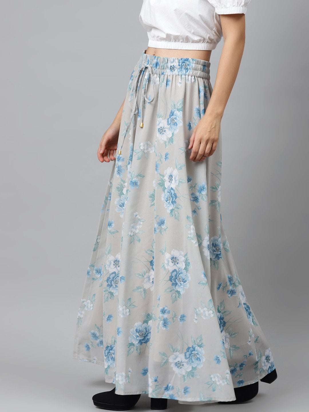 Women's Olive Floral Flared Maxi Skirt