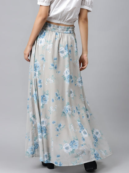 Women's Olive Floral Flared Maxi Skirt