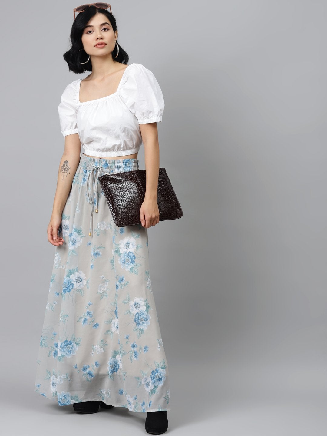 Women's Olive Floral Flared Maxi Skirt