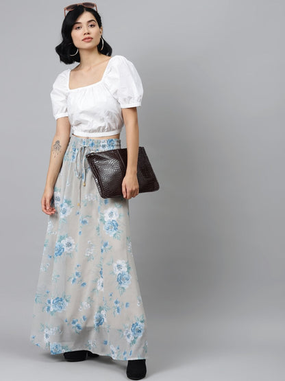 Women's Olive Floral Flared Maxi Skirt