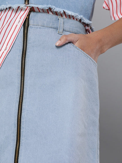 Women's Blue Denim Front Zipper Mini Skirt