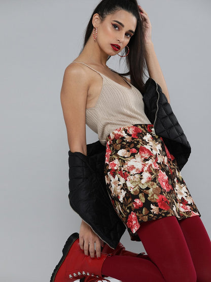 Women's Red Floral Front Button Mini Skirt