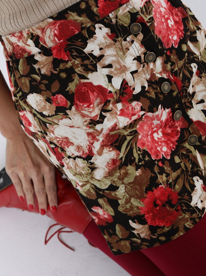 Women's Red Floral Front Button Mini Skirt