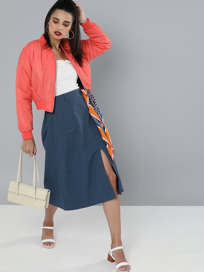 Women's Navy Front Slit A-Line Skirt