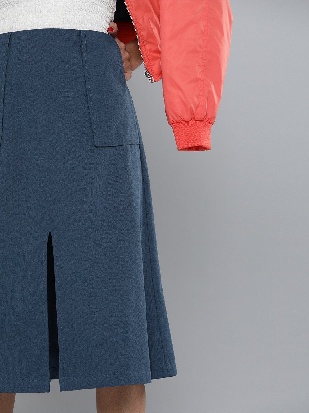 Women's Navy Front Slit A-Line Skirt