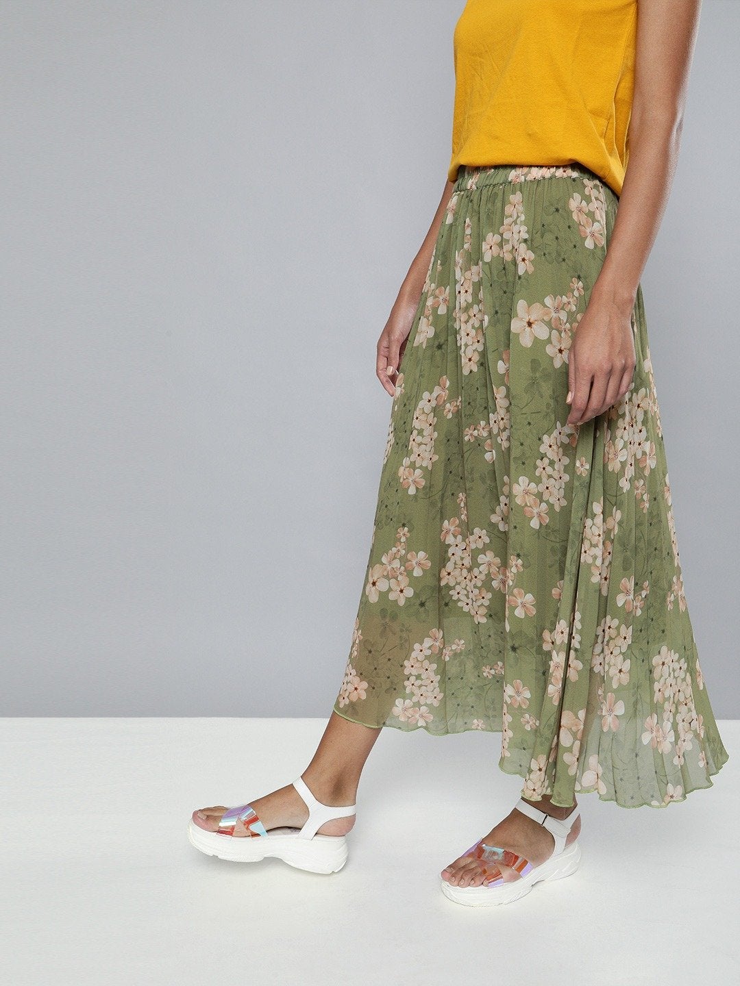 Women's Olive Floral Pleated Midi Skirt
