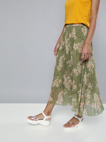 Women's Olive Floral Pleated Midi Skirt