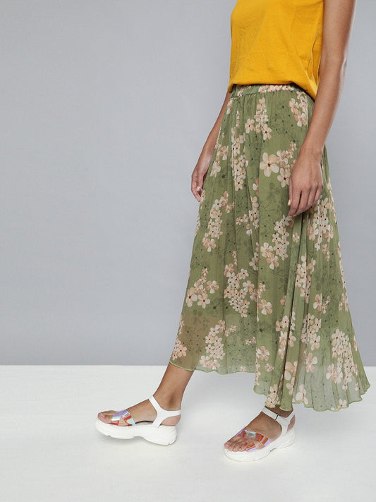 Women's Olive Floral Pleated Midi Skirt
