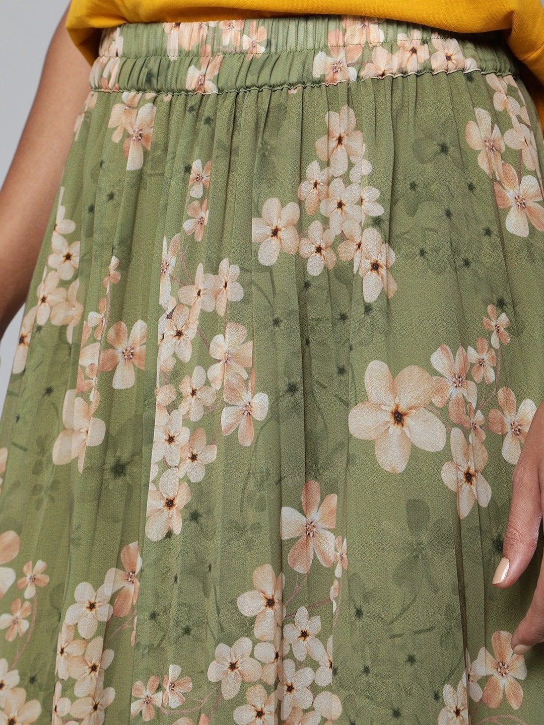 Women's Olive Floral Pleated Midi Skirt