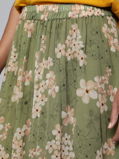 Women's Olive Floral Pleated Midi Skirt