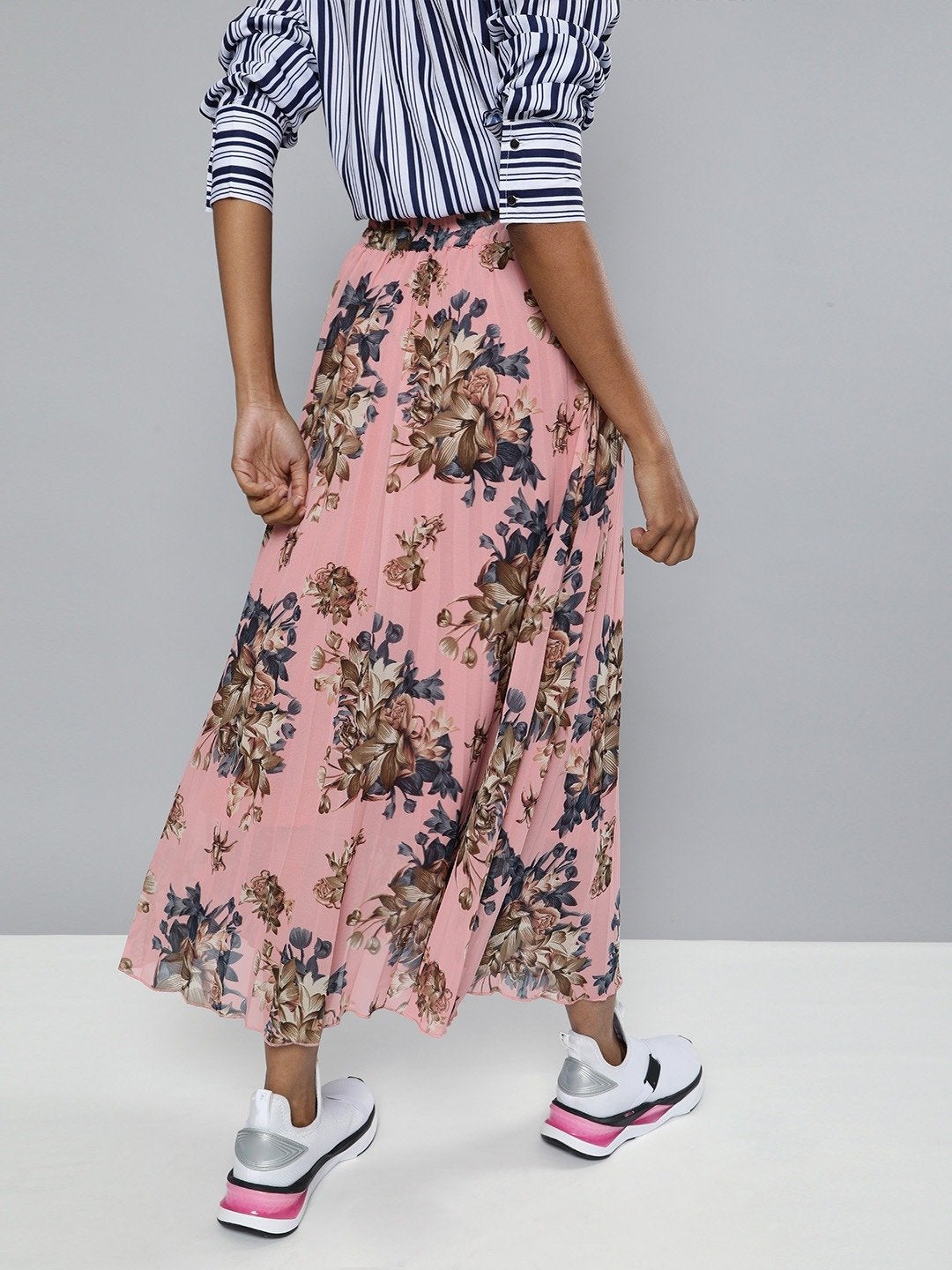 Women's Pink Floral Pleated Midi Skirt