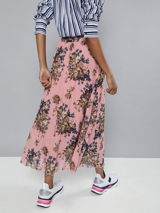 Women's Pink Floral Pleated Midi Skirt