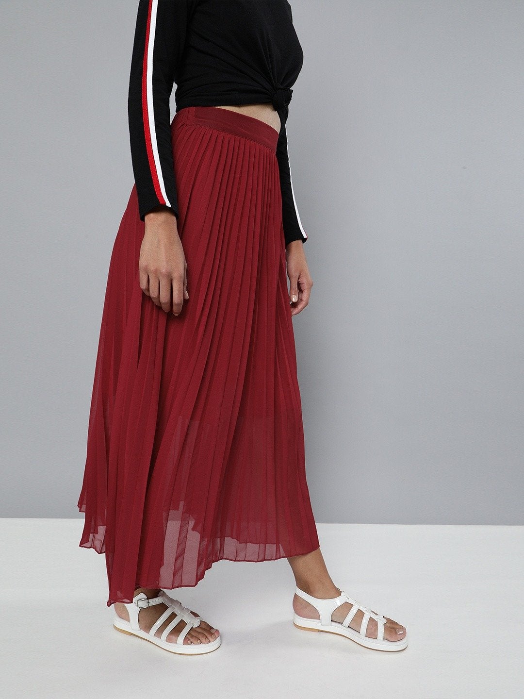 Women's Red Pleated Maxi Skirt