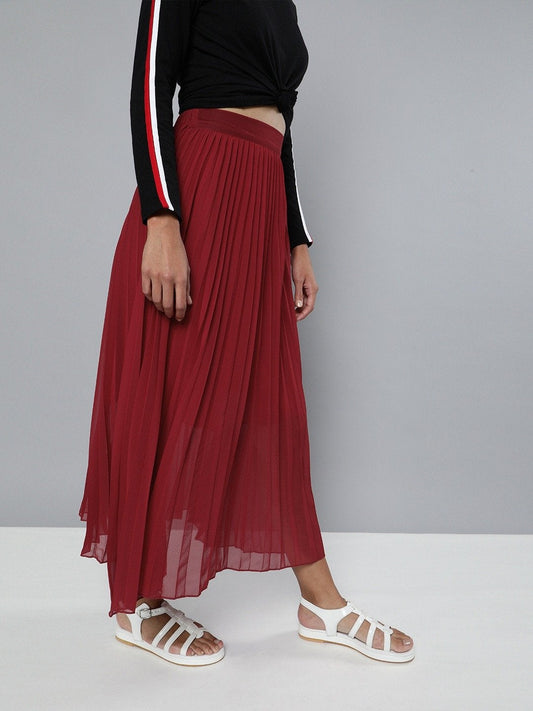 Women's Red Pleated Maxi Skirt