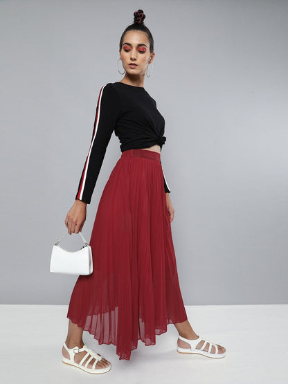 Women's Red Pleated Maxi Skirt