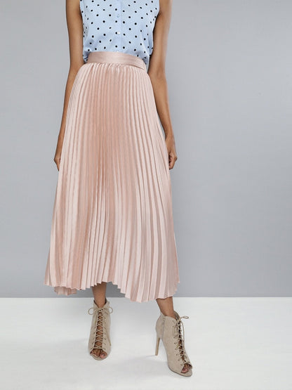 Women's Champagne Pink Satin Pleated Maxi Skirt