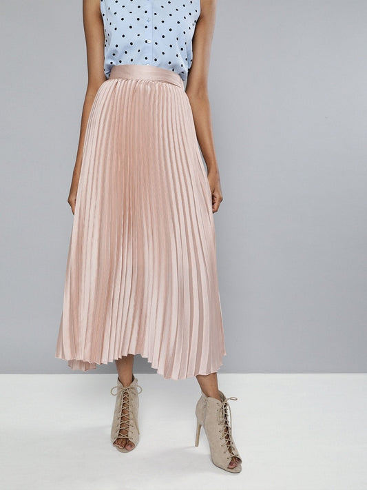 Women's Champagne Pink Satin Pleated Maxi Skirt