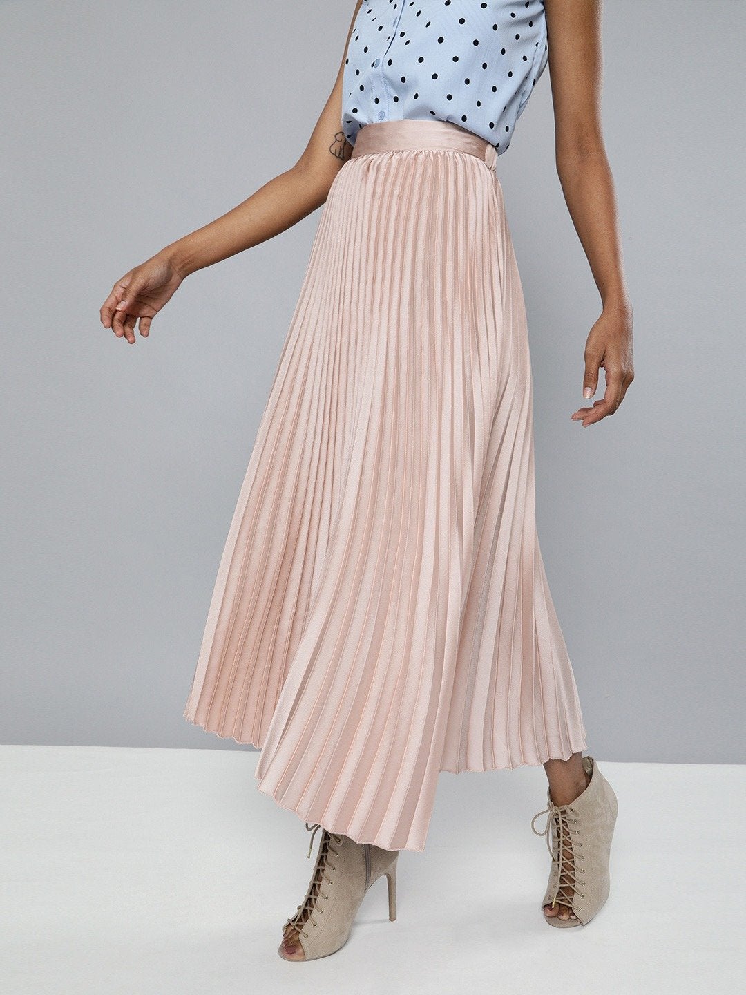 Women's Champagne Pink Satin Pleated Maxi Skirt