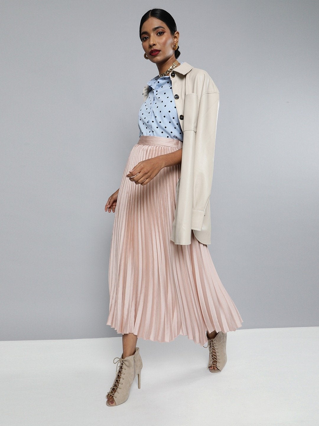 Women's Champagne Pink Satin Pleated Maxi Skirt