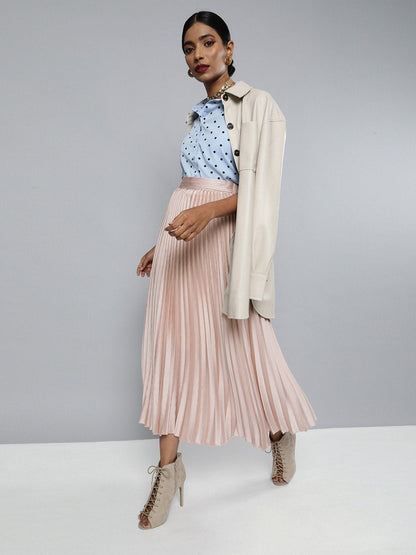 Women's Champagne Pink Satin Pleated Maxi Skirt