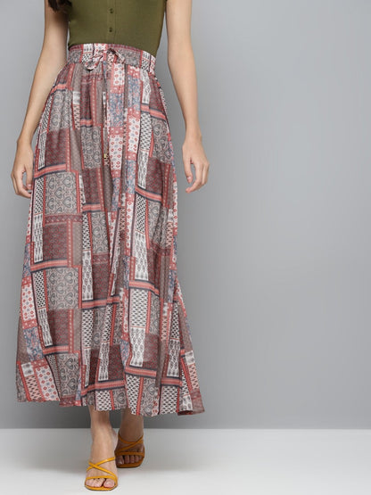 Women's Brown Patch Print Flared Maxi Skirt