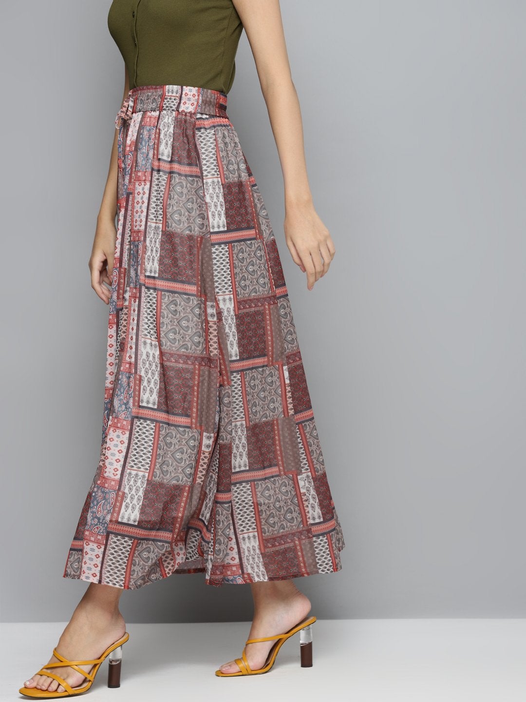 Women's Brown Patch Print Flared Maxi Skirt