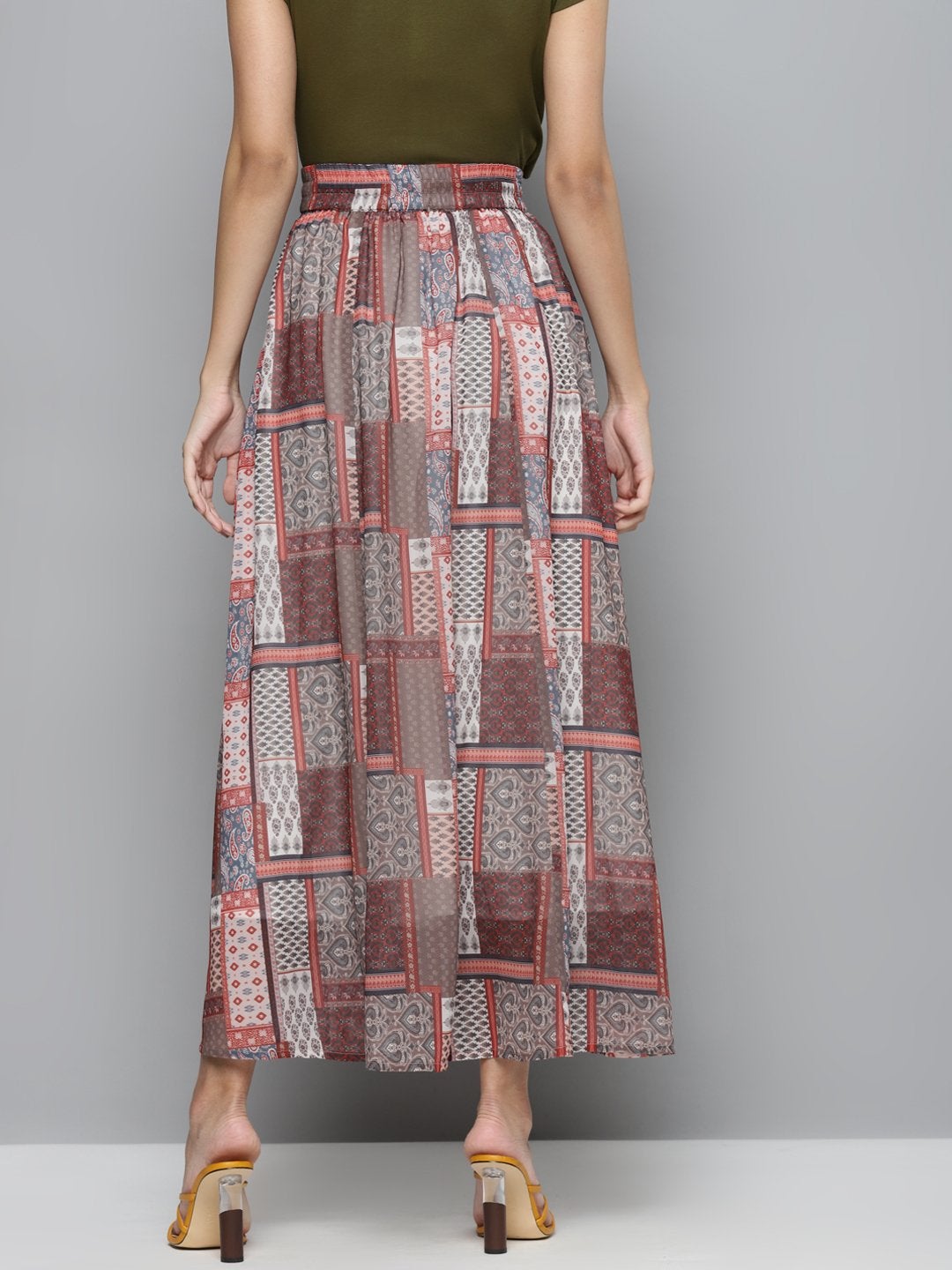 Women's Brown Patch Print Flared Maxi Skirt